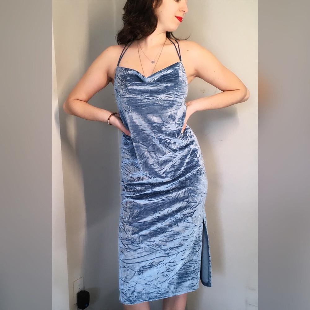 TOPSHOP blue velvet cowl neck midi dress